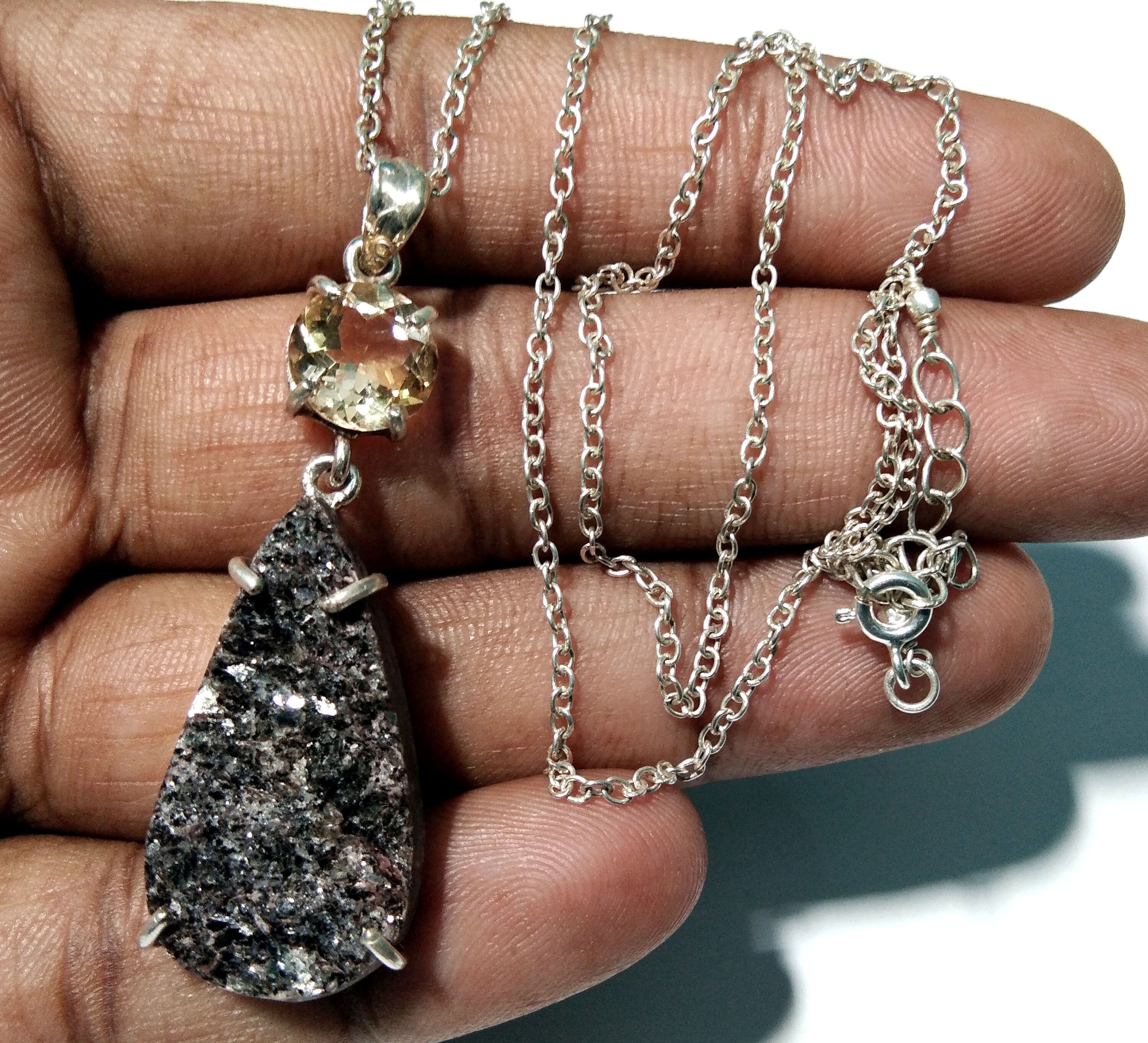 Natural Black Silver Mica Druzy/Citrine Gemstone Chain Pendant Necklace,  925 Starling Silver Jewelry Druzy Stone Pendant For Gift Pendant
